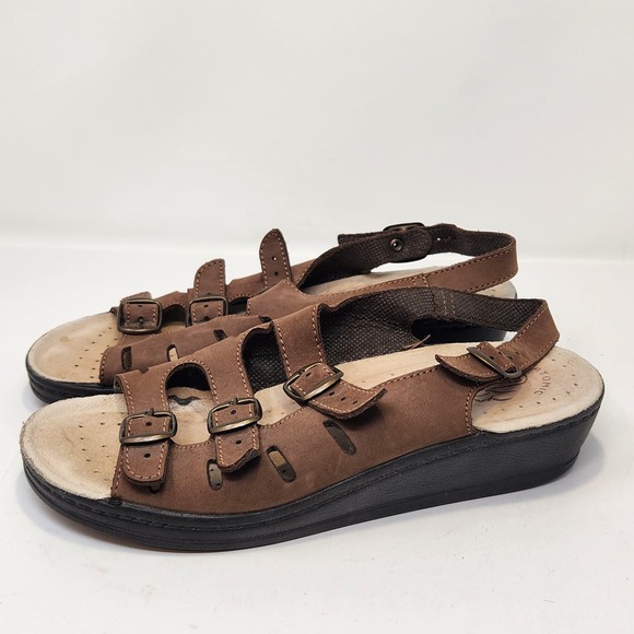 Fly Flot Brown Leather Multi Strap Comfort Sandals Size 39 US 8 Slingback Wedge - Picture 5 of 9